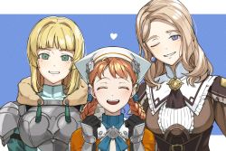 Rule 34 | 3girls, ^ ^, annette fantine dominic, armor, ascot, black gloves, blonde hair, blue background, blue eyes, blue ribbon, blue shirt, blunt bangs, blush, braid, braided hair rings, breastplate, breasts, brown ascot, brown dress, clenched hands, closed eyes, dress, fire emblem, fire emblem: three houses, fire emblem warriors: three hopes, fur collar, gloves, green eyes, grin, hair bobbles, hair intakes, hair ornament, head scarf, heart, highres, ingrid brandl galatea, light brown hair, looking at viewer, medium breasts, medium hair, mercedes von martritz, multiple girls, neck ribbon, nintendo, official alternate costume, official alternate hairstyle, one eye closed, open mouth, orange hair, parted bangs, parted lips, pauldrons, ribbon, shirt, shishima eichi, shoulder armor, side-by-side, simple background, smile, tassel, turtleneck, twin braids, upper body, vambraces, white headwear