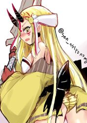 Rule 34 | 1girl, ass, bare shoulders, blonde hair, blush, breasts, facial mark, fate/grand order, fate (series), forehead, forehead mark, hair pulled back, horns, ibaraki douji (fate), japanese clothes, kimono, long hair, long sleeves, looking at viewer, looking back, off shoulder, oni, panties, pointy ears, sash, sen (astronomy), small breasts, solo, sword, tattoo, underwear, weapon, wide sleeves, yellow eyes, yellow kimono, yellow panties