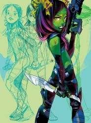 Rule 34 | 1girl, aged down, animification, artist request, colored skin, dagger, flat chest, gamora, green skin, guardians of the galaxy, gun, hair ribbon, knife, marvel, marvel cinematic universe, otto schmidt, ribbon, solo, twintails, weapon