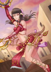 Rule 34 | 1girl, absurdres, armpits, au ra, warrior of light (ff14), black hair, ct-08, dancer (final fantasy), dragon horns, final fantasy, final fantasy xiv, highres, horns, looking at viewer, navel, red eyes, red skirt, self-upload, skirt, tail