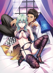 Rule 34 | 1boy, 1girl, ass, black bra, black panties, black pants, black thighhighs, blush, board game, bra, breasts, brown hair, byleth (female) (fire emblem), byleth (fire emblem), chess, chess piece, chessboard, choker, claude von riegan, cleavage, collarbone, collared shirt, commentary request, curtains, dark-skinned male, dark skin, earrings, eyebrows hidden by hair, fire emblem, fire emblem: three houses, full body, garter belt, green eyes, green hair, groin, high heels, highres, jewelry, large breasts, leg up, lingerie, long hair, looking at viewer, midriff, navel, nintendo, nipples, on bed, open clothes, open shirt, panties, pants, patterned clothing, pillow, pixiv id, ring, see-through bra, shadow, shirt, short hair, side-tie panties, sidelocks, smile, thighhighs, twilight, twitter username, underwear, underwear only, unizo, white shirt, window
