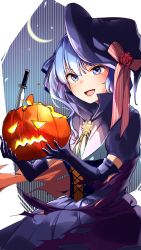 Rule 34 | 1girl, :d, blue eyes, blue hair, blush, bow, breasts, corset, dress, elbow gloves, gloves, hair between eyes, halloween, hat, hat bow, highres, holding, hololive, hoshimachi suisei, knife, long hair, looking at viewer, medium hair, open mouth, ribbon, side ponytail, small breasts, smile, solo, star (symbol), virtual youtuber, witch hat, yuyaiyaui