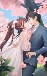 Rule 34 | 1boy, 1girl, absurdres, black hair, blush, bow, brown hair, cherry blossoms, collared shirt, crazy ones, dress, flower, formal, from side, hair flower, hair ornament, highres, long hair, long sleeves, necktie, official art, pink necktie, ponytail, profile, protagonist (crazy ones), puffy long sleeves, puffy sleeves, red hair, shirt, su xiaoye, suit, white bow, white dress