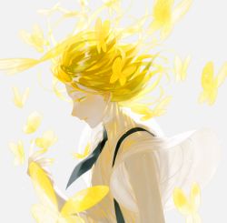 Rule 34 | 1other, androgynous, bad id, bad pixiv id, blonde hair, bug, butterfly, colored eyelashes, frost fog, gem uniform (houseki no kuni), grey background, houseki no kuni, insect, necktie, profile, short hair, solo, suspenders, upper body, wind, yellow diamond (houseki no kuni), yellow eyes