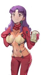 Rule 34 | 1girl, beer can, breasts, brown eyes, can, covered navel, drink can, evangelion: 2.0 you can (not) advance, highres, katsuragi misato, large breasts, legs, looking at viewer, mature female, neon genesis evangelion, plugsuit, purple hair, rebuild of evangelion, sho-n-d, smile, solo, thighs