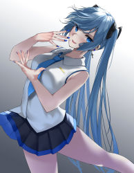 Rule 34 | :d, arched back, bare legs, black bow, black skirt, blue eyes, blue hair, blue nails, blue neckwear, blush, bow, collared shirt, cross, cross earrings, ear piercing, earrings, feet out of frame, fingernails, from side, gradient background, grey background, grey shirt, hair bow, hatsune miku, highres, jewelry, leg up, long fingernails, long hair, looking at viewer, looking to the side, miniskirt, nail polish, necktie, open mouth, osanzi, piercing, pleated skirt, shirt, skirt, sleeveless, sleeveless shirt, smile, standing, standing on one leg, swept bangs, twintails, very long hair, vocaloid