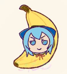 Rule 34 | 1girl, banana, blue bow, blue eyes, blue hair, bow, cirno, closed mouth, food, fruit, fumo (doll), grey background, hair bow, highres, jitome, looking at viewer, neck ribbon, red ribbon, ribbon, short hair, simple background, skullchimes, smile, solo, touhou