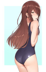 Rule 34 | 1girl, ass, brown eyes, brown hair, cowboy shot, embarrassed, from behind, highres, idolmaster, idolmaster shiny colors, long hair, looking at viewer, noel (nnoelllll), okota (pixiv), one-piece swimsuit, osaki tenka, school swimsuit, simple background, solo, swimsuit, white background