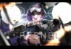 Rule 34 | 1girl, absurdres, commentary request, crop top, fresnel (neural cloud), girls&#039; frontline, girls&#039; frontline neural cloud, goggles, goggles on head, highres, jacket, lights, llpfmfc, looking at viewer, midriff, nail polish, navel, necktie, original, own hands together, purple hair, short hair, smile, solo, stomach, upper body