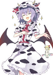 Rule 34 | 2girls, alternate costume, animal ears, animal print, ascot, bat wings, bikini, blonde hair, breasts, center frills, cleavage, closed eyes, collared shirt, cow ears, cow horns, cow print, cowboy shot, cropped legs, crystal, deetamu, eyebrows hidden by hair, fang, flandre scarlet, frilled skirt, frills, hat, hat ribbon, highres, horns, mob cap, multiple girls, navel, open mouth, purple hair, red ascot, red ribbon, remilia scarlet, ribbon, shirt, short hair, short sleeves, side ponytail, simple background, skin fang, skirt, smile, standing, star (symbol), swimsuit, touhou, white background, white bikini, white headwear, white shirt, white skirt, wings