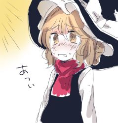 Rule 34 | 1girl, @ @, bad id, bad twitter id, blonde hair, blush, commentary, d:, hat, hidden star in four seasons, hot, iiha toobu, kirisame marisa, long hair, open mouth, scarf, solo, sweat, nervous sweating, touhou, translated, vest, witch hat