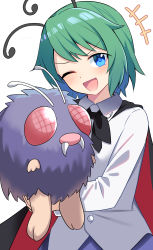 Rule 34 | +++, 1girl, ;d, absurdres, alternate eye color, antennae, black cape, blouse, blue eyes, blush, buttons, cape, collared shirt, commentary, commentary request, creatures (company), crossover, e.o., game freak, gen 1 pokemon, green hair, highres, holding, holding pokemon, long sleeves, looking at viewer, nintendo, one eye closed, open mouth, pokemon, pokemon (creature), red cape, shirt, short hair, simple background, smile, solo, touhou, trait connection, two-sided cape, two-sided fabric, upper body, venonat, white background, white shirt, wing collar, wriggle nightbug