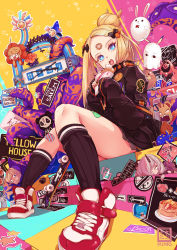 Rule 34 | 1girl, abigail williams (fate), abigail williams (traveling outfit) (fate), balloon, bandaid, bandaid on face, bandaid on forehead, belt, black bow, black jacket, black socks, blonde hair, blue eyes, blush, bow, breasts, crepe, crossed bandaids, eating, fate/grand order, fate (series), food, forehead, hair bow, hair bun, heroic spirit traveling outfit, highres, jacket, kneehighs, legs, long hair, long sleeves, looking at viewer, multiple bows, nail polish, nekomimipunks, official alternate costume, open mouth, orange belt, orange bow, parted bangs, polka dot, polka dot bow, red footwear, shoes, single hair bun, sitting, sleeves past wrists, small breasts, sneakers, socks, solo, tentacles, yellow background