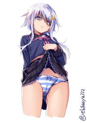Rule 34 | 1girl, black serafuku, blue eyes, colored eyelashes, cowboy shot, crescent, crescent hair ornament, crescent pin, cropped legs, ebifurya, from below, gluteal fold, hair between eyes, hair ornament, highres, kantai collection, lifted by self, long sleeves, looking at viewer, midriff, panties, pleated skirt, purple hair, school uniform, serafuku, shaded face, short hair, short hair with long locks, sidelocks, simple background, skirt, striped clothes, striped panties, thighs, twitter username, underwear, white background, yayoi (kancolle)