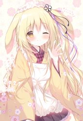 Rule 34 | 1girl, 2023, amairo chocolata, animal ears, apron, black skirt, blonde hair, bow, brown eyes, character request, chinese zodiac, commentary request, floral background, floral print, frilled apron, frilled skirt, frills, hair between eyes, hair bow, hand up, highres, japanese clothes, kimono, long hair, long sleeves, looking at viewer, one side up, pleated skirt, print kimono, purple bow, rabbit ears, shiratama (shiratamaco), skirt, solo, translation request, very long hair, white apron, wide sleeves, year of the rabbit, yellow kimono