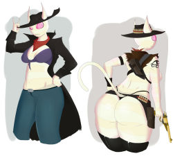 Rule 34 | 1girl, adventure time, breasts, cat girl, colored sclera, colored skin, cowboy hat, grey skin, gun, hat, highres, huge breasts, me-mow, pink sclera, slit pupils, weapon, cowboy western