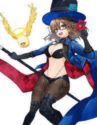 Rule 34 | 1girl, ameshiki, bikini, black bikini, black gloves, black headwear, blue coat, braid, breasts, brown hair, brown pantyhose, card, charlotte corday (fate), charlotte corday (swimsuit caster) (fate), charlotte corday (swimsuit caster) (third ascension) (fate), coat, elbow gloves, fate/grand order, fate (series), glasses, gloves, green eyes, hat, highres, jewelry, large breasts, long sleeves, looking at viewer, navel, necklace, open clothes, open coat, open mouth, pantyhose, short hair, side braid, smile, swimsuit, thighs, top hat, wand