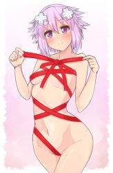 Rule 34 | 10s, 1girl, blush, breasts, convenient censoring, cowboy shot, d-pad, dura, highres, naked ribbon, navel, neptune (neptunia), neptune (series), nude, purple eyes, purple hair, ribbon, short hair, simple background, small breasts, smile, solo