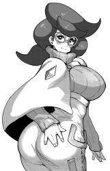 Rule 34 | 10s, 1girl, ass, bad id, bad pixiv id, big hair, breasts, creatures (company), game freak, glasses, greyscale, highres, large breasts, looking back, monochrome, nintendo, pokemon, pokemon sm, ribbed sweater, simple background, smile, solo, sweater, synecdoche, turtleneck, turtleneck sweater, wicke (pokemon)