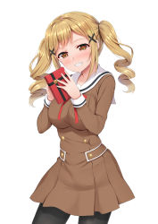 1girl bang_dream! blonde_hair blush breasts brown_eyes commentary_request female_focus hair_ornament hairclip highres holding ichigaya_arisa large_breasts long_hair looking_at_viewer naitou_kirara red_ribbon ribbon school_uniform sidelocks simple_background smile solo teeth twintails white_background x_hair_ornament