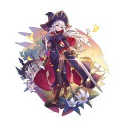 Rule 34 | 1girl, boots, breasts, cape, dragalia lost, dress, fence, floating cape, flower, glint, grace (dragalia lost), grave, hair between eyes, hat, holding, holding sword, holding weapon, large breasts, lily (flower), long hair, mask, unworn mask, official art, petals, side slit, silver hair, sunset, sword, thighhighs, tree, vial, weapon, witch hat, yellow eyes