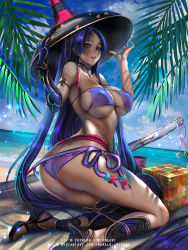 Rule 34 | 1girl, armlet, ass, bare shoulders, beach, beads, bikini, blue sky, breasts, choker, cleavage, cloud, cube, emerald-weapon, eyepatch bikini, fate/grand order, fate (series), fern, gloves, hat, high heels, holding, holding clothes, holding hat, kneeling, large breasts, leaf, long hair, looking at viewer, low-tied long hair, minamoto no raikou (fate), minamoto no raikou (fate/grand order), minamoto no raikou (swimsuit lancer) (fate), minamoto no raikou (swimsuit lancer) (first ascension) (fate), ocean, parted bangs, parted lips, purple bikini, purple eyes, purple hair, rope, sheath, shiny skin, side-tie bikini bottom, sideboob, single glove, sitting, sky, strapless, strapless bikini, swimsuit, underboob, very long hair, water
