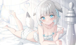 Rule 34 | 1girl, animal ears, bare arms, bare shoulders, barefoot, blue eyes, blue nails, blue ribbon, breasts, breasts day, camisole, cleavage, clothing cutout, commentary request, good breasts day, grey hair, hair ribbon, highres, legs, lying, nail polish, on bed, on stomach, original, polka dot, polka dot camisole, polka dot shorts, ribbon, saeki sora, short shorts, shorts, small breasts, soles, solo, strap pull, tail, tail through clothes, toes, white camisole, white shorts