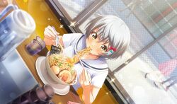 +_+ 1girl asahina_iroha blue_necktie blurry bow bowl char-siu chinese_spoon chopsticks cinderella_series cup depth_of_field dutch_angle eating egg_(food) food food_in_mouth game_cg hachigatsu_no_cinderella_nine hair_bow hair_ornament hairclip highres holding holding_chopsticks holding_spoon indoors lens_flare looking_at_food necktie non-web_source noodles nori_(seaweed) official_art ramen red_bow sailor_collar school_uniform serafuku shirt short_hair short_sleeves sitting sparkle spoon sweat white_hair white_sailor_collar white_shirt window yellow_eyes