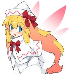 Rule 34 | 1girl, blonde hair, blue eyes, blush, capelet, dress, fairy, fairy wings, hair between eyes, hat, ini (inunabe00), lily white, long hair, long sleeves, looking at viewer, open mouth, simple background, smile, solo, touhou, white background, white capelet, white dress, white hat, wide sleeves, wings