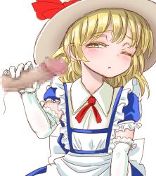 Rule 34 | 1boy, 1girl, apron, back bow, blonde hair, blue dress, blush, bow, bowtie, censored, collared shirt, colored eyelashes, commentary request, dress, elbow gloves, erection, eyelashes, frilled gloves, frilled sleeves, frills, gloved handjob, gloves, handjob, hat, hat bow, hetero, kana anaberal, looking at penis, medium hair, mosaic censoring, one eye closed, parted lips, penis, puffy short sleeves, puffy sleeves, red bow, red bowtie, s-a-murai, shirt, short sleeves, sun hat, touhou, touhou (pc-98), white apron, white background, white bow, white gloves, white headwear, white shirt, yellow eyes