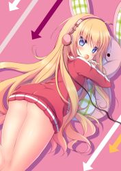 Rule 34 | 10s, 1girl, arrow (symbol), ass, blonde hair, blue eyes, blush, candy, covering own mouth, food, from above, from behind, gabriel dropout, gabriel tenma white, headphones, holding, holding food, jacket, leg up, lollipop, long hair, looking at viewer, looking back, lying, naked jacket, niki (aroma terrace), no panties, on stomach, pink background, shadow, shibainu niki, silhouette, solo, star (symbol), star print, stuffed animal, stuffed rabbit, stuffed toy, thighs, track jacket, very long hair