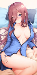 Rule 34 | 1girl, absurdres, blue eyes, blue pajamas, blush, breasts, breasts apart, brown hair, cleavage, closed mouth, collarbone, commentary, eyes visible through hair, go-toubun no hanayome, hair between eyes, highres, lancheu, large breasts, light smile, long hair, long sleeves, looking at viewer, nakano miku, naked shirt, navel, no bra, nose blush, on bed, open clothes, pajamas, partially unbuttoned, pillow, shirt, sidelocks, solo, stomach, thighs