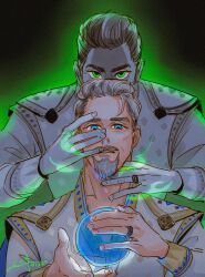 Rule 34 | 2boys, aura, beard, corruption, dark persona, facial hair, goatee, grey hair, highres, jewelry, king magnifico, magic, male focus, mature male, miajus, multiple boys, parted lips, ring, robe, royal robe, thick beard, thick eyebrows, thick mustache, upper body, white robe, wish (disney)