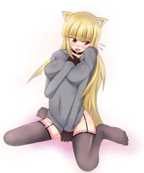 Rule 34 | 1girl, animal ear fluff, animal ears, between breasts, between legs, black choker, black gloves, black thighhighs, blonde hair, blunt bangs, blush, breasts, cat ears, choker, covered navel, covering privates, covering crotch, dress, dress tug, embarrassed, fang, female focus, flying sweatdrops, fox ears, full body, garter straps, gloves, grey dress, hand between legs, hand on own chest, hand up, highres, jpeg artifacts, lace, lace-trimmed legwear, lace trim, large breasts, long hair, long sleeves, looking away, looking to the side, no panties, open mouth, original, red eyes, simple background, sitting, solo, sweat, textless version, thighhighs, umagoya mochi, undersized clothes, wariza, white background