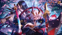 Rule 34 | 10s, :d, black hair, black kimono, character request, cherry blossoms, dual wielding, fang, forest, fur trim, highres, holding, holding sword, holding weapon, horns, japanese clothes, katana, kimono, looking back, merc storia, mito itsuki, nature, open mouth, outdoors, outstretched arms, red eyes, short hair, short twintails, silver hair, single horn, smile, sword, twintails, weapon, white kimono