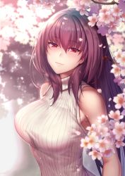 Rule 34 | 1girl, bare shoulders, blush, breasts, closed mouth, fate/grand order, fate (series), flower, hair between eyes, highres, large breasts, long hair, looking at viewer, lun7732, petals, purple hair, red eyes, ribbed sweater, scathach (fate), simple background, sleeveless, solo, sweater, turtleneck, white sweater