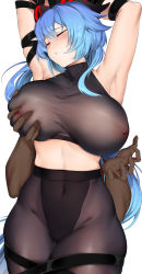 Rule 34 | 1boy, 1girl, absurdres, ahoge, armpits, bare shoulders, black pantyhose, blue hair, blush, grabbing another&#039;s breast, breasts, cleavage, collarbone, dark-skinned male, dark skin, ganyu (genshin impact), genshin impact, grabbing, highres, horns, large breasts, long hair, low ponytail, maskwolf, navel, open mouth, pantyhose, solo, thighs