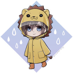 Rule 34 | 1boy, aged down, animal costume, animal ears, animal hood, blue background, blue eyes, boots, brown hair, chibi, commentary, dated, fake animal ears, fake tail, final fantasy, final fantasy viii, full body, hiryuu (kana h), hood, lion costume, lowres, male focus, raincoat, short hair, signature, simple background, smile, solo, squall leonhart, tail, walking, water drop, yellow footwear, yellow raincoat