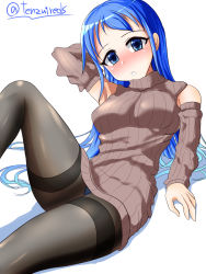 Rule 34 | 1girl, alternate costume, black pantyhose, blue eyes, blue hair, brown sweater, commentary request, detached sleeves, gradient hair, highres, kantai collection, long hair, looking at viewer, multicolored hair, one-hour drawing challenge, pantyhose, ribbed sweater, samidare (kancolle), simple background, sitting, solo, sweater, swept bangs, tenzui, thighband pantyhose, turtleneck, twitter username, very long hair, white background