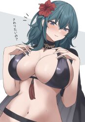 Rule 34 | 1girl, bikini, black bikini, black cape, blue hair, blush, breasts, byleth (female) (fire emblem), byleth (female) (summer) (fire emblem), byleth (fire emblem), cape, closed mouth, fire emblem, fire emblem: three houses, fire emblem heroes, flower, grey eyes, hair between eyes, hair flower, hair ornament, hands up, hibiscus, highres, large breasts, long hair, looking at viewer, navel, nintendo, notice lines, official alternate costume, red flower, smile, solo, stomach, swimsuit, tassel, translation request, wabimochi