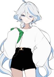 Rule 34 | 1girl, ahoge, black shorts, blue eyes, blue hair, closed mouth, earrings, furina (genshin impact), genshin impact, heterochromia, highres, jewelry, light blue hair, long hair, long sleeves, looking at viewer, multicolored hair, shirt, shorts, simple background, smile, solo, standing, streaked hair, white background, white shirt, yui (linaw-key08)