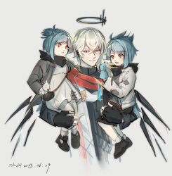 Rule 34 | + +, arknights, bingyu460, black footwear, black gloves, black shorts, black wings, blue hair, brown eyes, character request, closed mouth, commentary request, cropped torso, detached wings, dress, executor (arknights), executor the ex foedere (arknights), fingerless gloves, gloves, grey background, grey eyes, grey hair, grey jacket, grey shirt, hair between eyes, halo, hand puppet, highres, jacket, open clothes, open jacket, open mouth, parted lips, patch, puppet, shirt, shoes, short hair, shorts, simple background, skirt, upper body, white dress, white jacket, wings