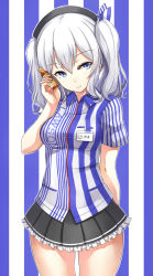 Rule 34 | 10s, 1girl, arm behind back, asya, beret, black skirt, blue background, blue eyes, bottle, breasts, collared shirt, cowboy shot, employee uniform, frilled skirt, frills, hat, highres, holding, kantai collection, kashima (kancolle), lawson, light smile, looking at viewer, miniskirt, name tag, pleated skirt, shirt, short sleeves, silver hair, skirt, solo, striped background, striped clothes, striped shirt, taut clothes, taut shirt, tsurime, twintails, uniform, vertical-striped clothes, vertical-striped shirt, wavy hair, white background