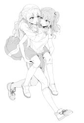 Rule 34 | 2girls, bang dream!, carrying, carrying over shoulder, full body, greyscale, gym uniform, hair ornament, hair ribbon, highres, kyudoli, long hair, looking at another, matsubara kanon, monochrome, multiple girls, open mouth, ribbon, shirasagi chisato, shoes, sneakers, socks, white background