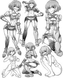 Rule 34 | 1girl, abs, armor, breasts, cleavage, clementine (overlord), garter belt, garter straps, gauntlets, greyscale, highres, medium breasts, mitsurou, monochrome, muscular, muscular female, navel, overlord (maruyama), pauldrons, short hair, shoulder armor, skirt, sword, toned, weapon