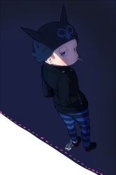 Rule 34 | 1boy, animal ear headwear, animal ears, beanie, black eyes, black footwear, black hat, black jacket, black pants, blue background, blue pants, blush stickers, brown hair, buttons, cat ears, chain, cigarette, closed mouth, collared jacket, commentary request, cuffs, danganronpa (series), danganronpa v3: killing harmony, dotted line, expressionless, fake animal ears, from behind, full body, half-closed eyes, hands in pockets, hat, holding, holding cigarette, hoshi ryoma, jacket, kogarashi 8, leather, leather jacket, looking at viewer, looking back, male focus, mouth hold, pants, partial commentary, prison clothes, shackles, shadow, shoes, short hair, simple background, solo, striped clothes, striped pants, two-tone background, two-tone pants, very short hair, white background, zipper