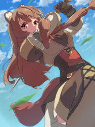 Rule 34 | 1girl, animal ears, blue sky, brown legwear, chiharu (9654784), closed mouth, cloud, day, highres, holding, holding sword, holding weapon, long hair, looking at viewer, raccoon ears, raccoon girl, raccoon tail, raphtalia, red eyes, skirt, sky, solo, sword, tail, tate no yuusha no nariagari, weapon, white skirt