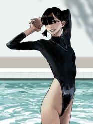 Rule 34 | 1girl, absurdres, arms behind head, black eyes, black one-piece swimsuit, breasts, brown hair, commentary, cowboy shot, grin, groin, hair ornament, hair over eyes, hairclip, highleg, highleg swimsuit, highres, hip focus, hiramedousa, indoors, interlocked fingers, jewelry, long bangs, long sleeves, looking afar, looking back, looking to the side, necklace, one-piece swimsuit, original, parted lips, pool, short hair, short twintails, small breasts, smile, solo, stretching, swimsuit, tile wall, tiles, turning head, twintails, wading, wet, x hair ornament