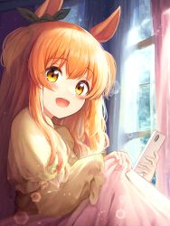Rule 34 | 1girl, :d, absurdres, animal ears, black ribbon, blush, bow, cellphone, commentary request, curtain grab, curtains, dress, ear ribbon, hair between eyes, hands up, highres, holding, holding phone, horse ears, horse girl, indoors, lens flare, long hair, long sleeves, looking at viewer, mayano top gun (umamusume), non-circular lens flare, open mouth, orange hair, phone, raised eyebrows, ribbon, shirakawayuusan, short twintails, sidelighting, sleeves past wrists, smartphone, smile, solo, sunlight, teeth, twintails, umamusume, upper body, upper teeth only, window, yellow dress, yellow eyes