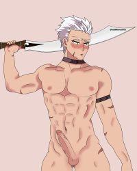 Rule 34 | archer (fate), blush, fate/grand order, fate (series), highres, male focus, nail polish, nude, penis, red nails, shy, simple background, solo, solo focus, sword, veins, veiny penis, weapon, white hair, yaoi